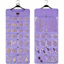 Hanging Jewelry Organizer With Dual Zippered Pockets Canvas Double Sided Rotating Hanger Necklace Hanging Wall Organizer Earring Dustproof Holder Wall Mount Accessories Display Bag(Purple)-Trugenix - 紫色 - 查看 7