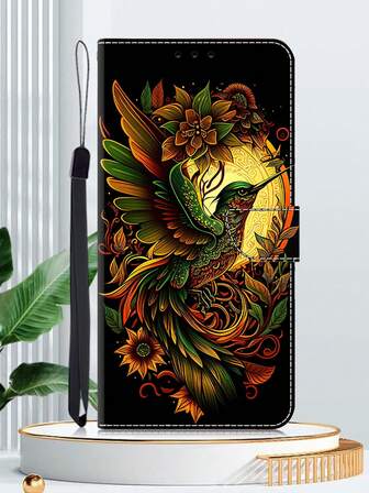 GLANDOTU Étui portefeuille pour téléphone portable en cuir PU avec motif vibrant d'oiseau-mouche. Design à double volet élégant avec fentes pour cartes et boucle pour dragonne. Compatible avec plusieurs marques et modèles de téléphones portables.