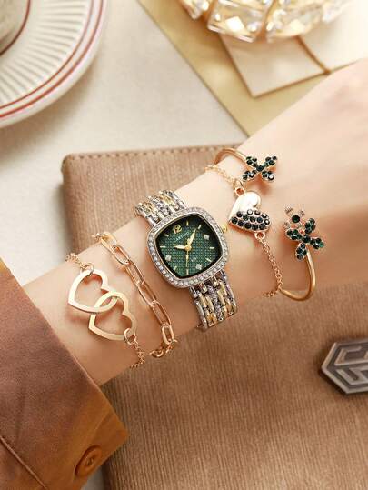 5pcs Set: Women's Vintage Luxury Emerald Dial Watch & Heart-Shaped Bracelet Combo, Quartz Watch, Great Gift For Valentine's Day, Christmas (Excluding Gift Box)