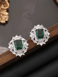 1 Pair Luxury Cubic Zirconia Stud Earrings, Green Earrings, Elegant Earrings Suitable For Women's Wedding, Party, Engagement Anniversary, Valentine's Day Gift, Throat, Suitable For Women. Valentine's Day Gift, Christmas Gift, Ramadan Distribution, Ramadan Dishes, Eid Al-Fitr Gift, Eid Al-Fitr Giveaway - Rectangular Green Earrings - View 3
