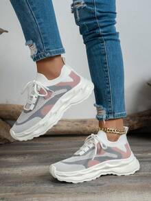 女士透气套脚运动鞋，减震防滑鞋底，适合护士和学生作为时尚休闲跑步鞋穿着，图案设计，四季皆宜的织物鞋面，缓震稳定支撑，无印花休闲厚底运动鞋，尺码 35-43 - 彩色 - 查看 4