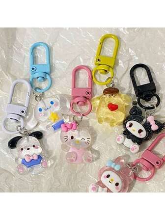 Sanrio 1/6pcs Anime Transparent Glitter Keychain Cartoon Music Bag Pendant Cute Key Accessories (Some Accessories Randomly Shipped)