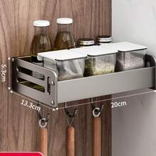 New Space Aluminum Spice Rack | No-Drill Wall-Mounted Kitchen Organizer | Multi-Functional Storage Shelf With Hooks For Seasonings & Household Kitchen Supplies - Light Grey - View 15