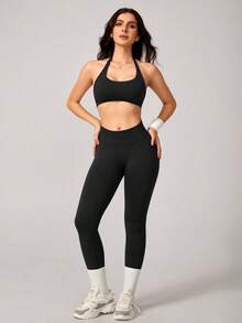 NcmRyu 1 Set Sujetador deportivo elástico de unicolor y pantalones ajustados suaves para mujer, conjunto de entrenamiento negro de verano - Negro - Ver 3