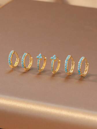 6pcs Unique & Stylish Blue-Turquoise Inlaid Earrings Set, Valentine's Day Decoration Gift For Women