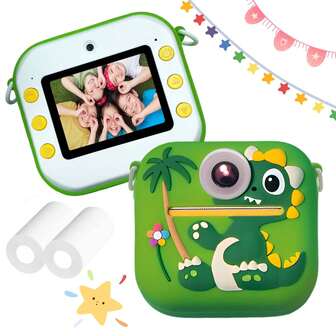 Barnkamera med direktutskrift, dinosaurieformad direktutskriftsleksak, stöder SD-kort, 2,4" skärm, bästa pedagogiska presenten för barn i åldrarna 3-12 på födelsedagar och julafton