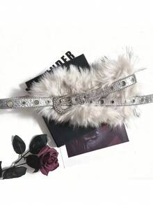 1 chiếc thắt lưng nữ đính đá và lông giả, thắt lưng lông bóng, thắt lưng gợi cảm kiểu Y2K đa năng với khóa ghim và khoen kim loại. - Màu Đen Súng - Xem 9
