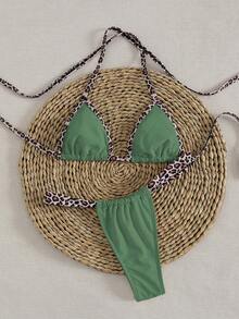 新款纯色系带优雅性感超三角比基尼套装，夏季沙滩时尚女士比基尼度假装 - 豹紋綠 - 查看 4