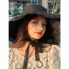 Ladies Floppy Lace Sun Hat Womens Foldable Wide Brim Fedoras UPF 50+ Summer Sun Visor Cap Large Beach Bucket Hat - 黑色 - 查看 2
