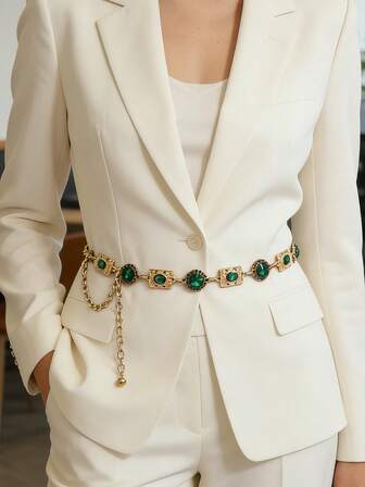 1PC Women's Vintage Gold Turquoise Metal Waist Chain - Adjustable Accessory For Office Commute, Dress Matching & Evening Parties