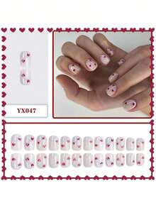 Valentine's Day Nails, 24pcs Creamy White Gloss Red Heart, Heart-Shaped Full Coverage Fake Nails Set. Suitable For Women's Dates, Gatherings, Weddings, Daily Use, Dance Parties And Other Occasions. Nail Art Supplies, Nail Art, Valentine's Day Nails. - Multicolor - View 2