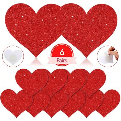 6 Pairs Glitter Heart Pasties Covers Valentine's Day Supply For Women Rave Party
