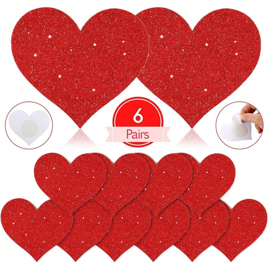 6 Pairs Glitter Heart Pasties Covers Valentine's Day Supply For Women Rave Party - 紅色 - 查看 1