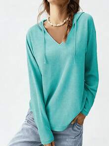 V-Neck Hooded Long Sleeve Top (Multiple Colors),Relaxed-Fit Hoodie With Drawstring & Curved Hem,Waffle-Knit V-Neck Hooded Pullover-Women's Long-Sleeve Tops - Women's Hoodies - Essential Cardigans - Waffle Knit Hoodies - Women's Knitwear,Waffle Knit Hoodie,V-Neck Hooded Sweatshirt, Oversized Waffle Hoodie,,Solid Color Waffle Knit Hoodie,Casual V-Neck Waffle Hooded Top,Soft Waffle Knit Hooded Pullover,Y2k Waffle Knit Hoodie, Relaxed Fit Waffle Hoodie, Versatile Waffle Knit Hooded Blouse - 綠色 - 查看 1