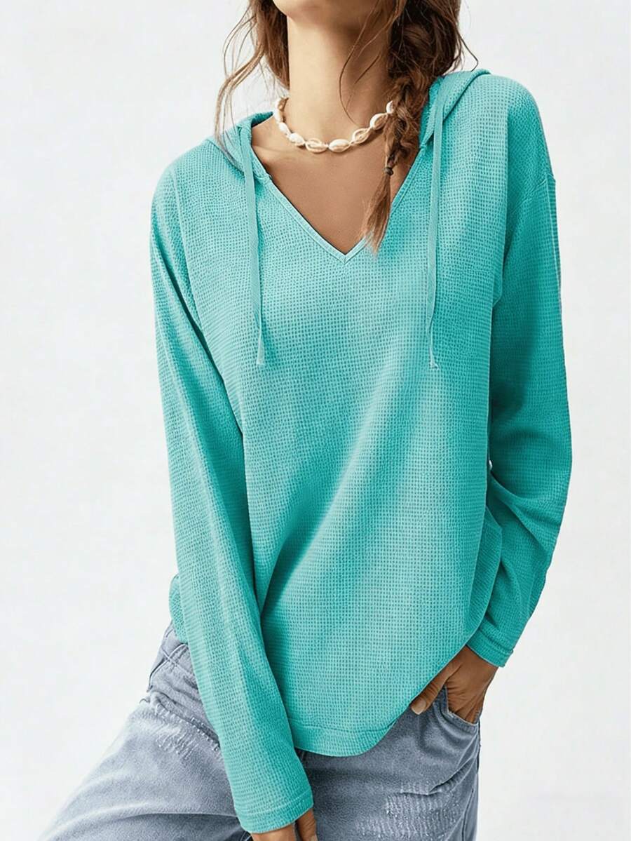 V-Neck Hooded Long Sleeve Top (Multiple Colors),Relaxed-Fit Hoodie With Drawstring & Curved Hem,Waffle-Knit V-Neck Hooded Pullover-Women's Long-Sleeve Tops - Women's Hoodies - Essential Cardigans - Waffle Knit Hoodies - Women's Knitwear,Waffle Knit Hoodie,V-Neck Hooded Sweatshirt, Oversized Waffle Hoodie,,Solid Color Waffle Knit Hoodie,Casual V-Neck Waffle Hooded Top,Soft Waffle Knit Hooded Pullover,Y2k Waffle Knit Hoodie, Relaxed Fit Waffle Hoodie, Versatile Waffle Knit Hooded Blouse - 綠色 - 查看 1