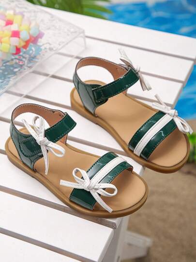 Little Girls Dark Green Bow Comfort Flat Sandals Open Toe Summer Shoes