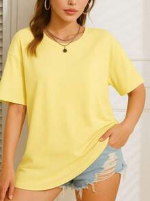 Women's Plain Casual T-Shirt, Basic Unisex Shirt, Comfortable Premium 100% Cotton Fabric, Suitable For All Occasions. - Màu vàng - Xem 1