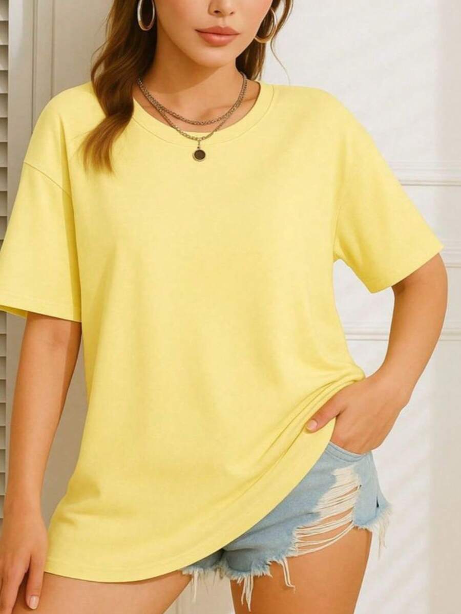 Women's Plain Casual T-Shirt, Basic Unisex Shirt, Comfortable Premium 100% Cotton Fabric, Suitable For All Occasions. - Màu vàng - Xem 1