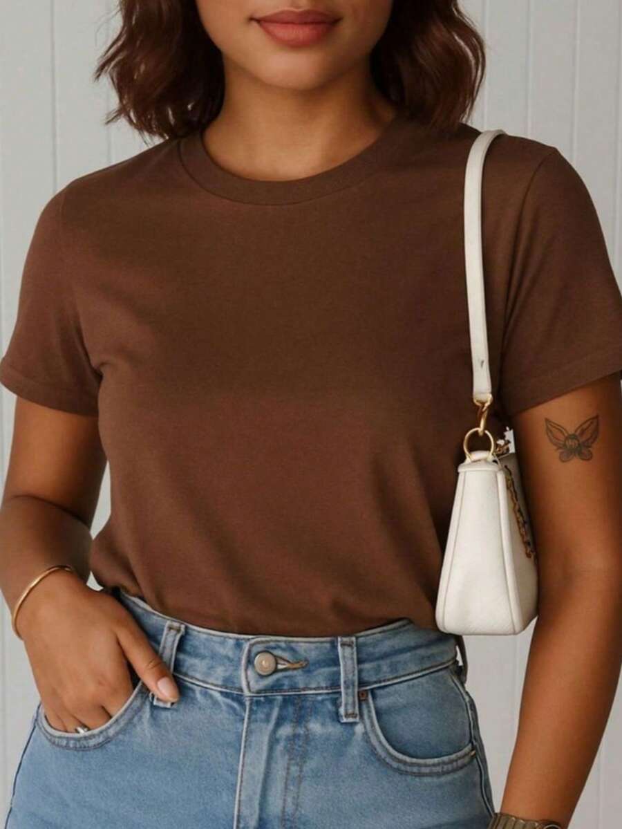 Women's Plain Casual T-Shirt, Basic Unisex Shirt, Comfortable Premium 100% Cotton Fabric, Suitable For All Occasions. - Rỉ Nâu - Xem 1