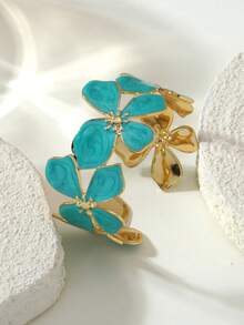 VceTd 1 pieza Brazalete de mujer con diseño floral 3D asimétrico minimalista, brazalete abierto de acero inoxidable con esmalte multicolor, adecuado para uso diario, fiestas, galas, bodas, regalo del Día de San Valentín - Amarillo Oro - Ver 8