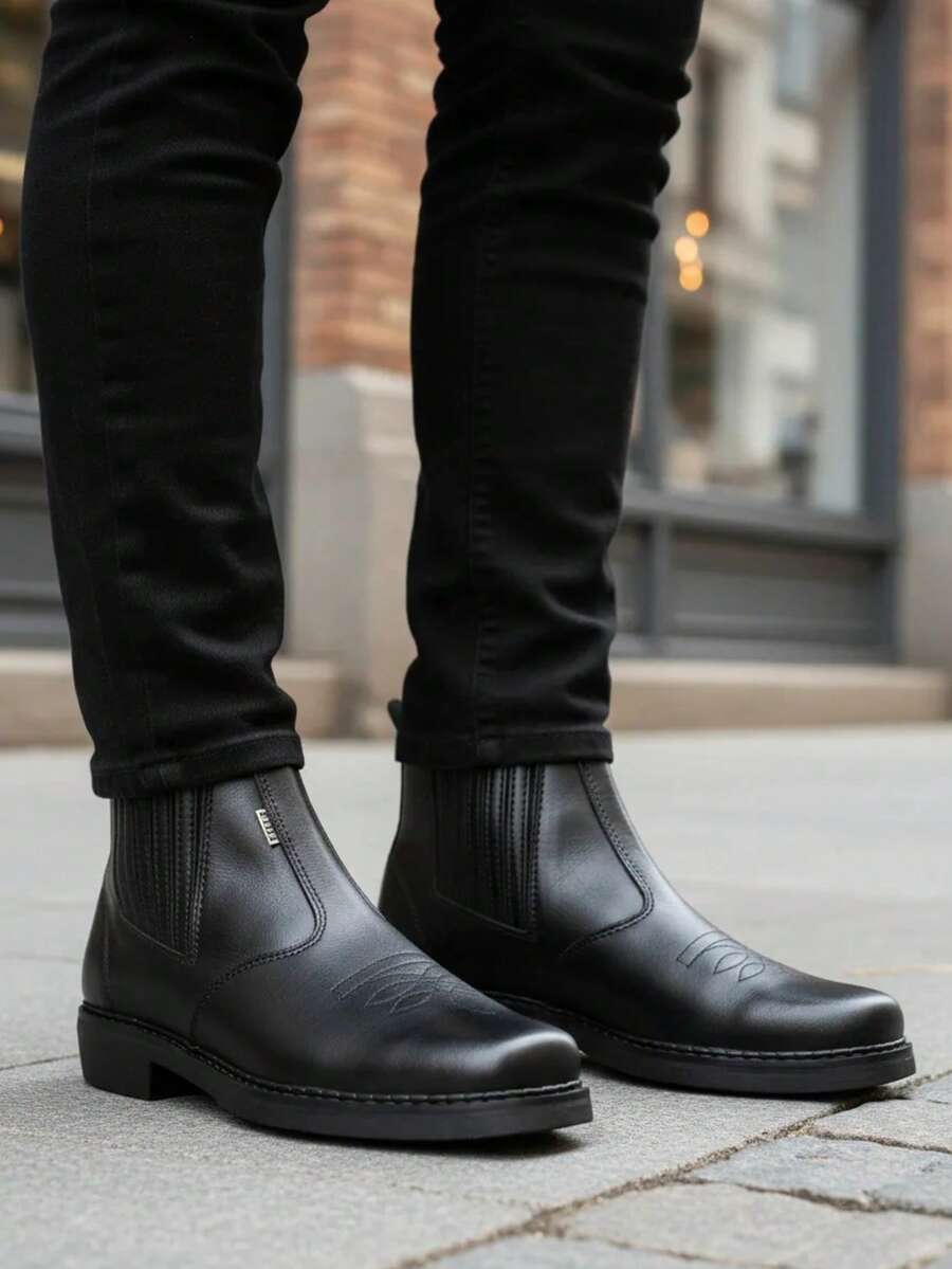 Men's Western Boots For Rodeo, Cowboy, Country, Horse Riding, Cowhide, Square Toe, Latex Sole - 黑鞭 - 查看 1