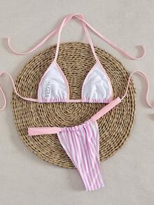 新款纯色系带优雅性感超三角比基尼套装，夏季沙滩时尚女士比基尼度假装 - 粉紅白色 - 查看 3