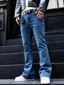 Quần jeans nam ống rộng dáng ôm, màu đen trơn, có túi xéo, kiểu dáng suông, thích hợp cho tiệc tùng, phong cách đường phố, rapper. - Màu xanh lam - Xem 2