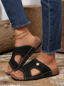 Women's New Burgundy Wedge Hollow Slip-On Sandals, Casual Vacation Beach Style, Fashion Versatile Black Summer Slippers - Black - View 3