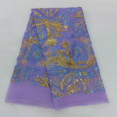 1 Yard/5 Yards Yellow Best-Selling French Sequin Green Nigerian African Mesh High Quality Embroidered Fabric For Wedding Party, With Purple