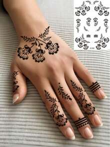 4 miếng dán hình xăm tạm thời chống thấm nước họa tiết hoa henna đen, hình xăm Mandala trên tay, thích hợp cho trang điểm nữ, đám cưới, lễ hội, ngày Valentine, trang phục Hồi giáo, quà tặng dự tiệc. - màu đen - Xem 3