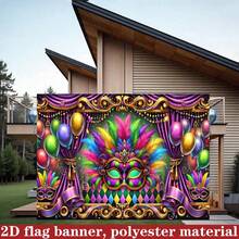 1 banner de fundal pentru carnaval - petrecere cu mască colorată cu baloane colorate, design cu margine aurie, potrivit pentru alinierea carnavalului, fundal pentru cabină foto, aniversare, petrecere tematică, accesorii pentru petreceri, decorare interioară/exterioară, perete, terasă în grădină, fundal decorativ pentru balcon, sărbătoare - Multicolor - Vizualizare 2