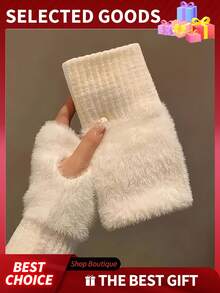 2 Pairs Women's Cashmere Wool Fingerless Gloves, Soft & Warm, Luxury Solid Color Fuzzy Knitted Fingerless Gloves, Warm Wool Fingerless Gloves, Women's Winter Fuzzy Knitted Warm Gloves, Wrist Leak-Proof, Multifunctional - Multicolor - View 1