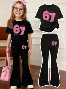 Conjunto de camiseta de manga corta con estampado numérico y pantalones pitillo acampanados para niña - Negro - Ver 1