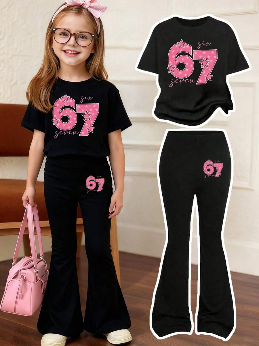 Conjunto de camiseta de manga corta con estampado numérico y pantalones pitillo acampanados para niña - Negro - Ver 1