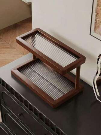 Bänkskåpsorganisatör i bambu med 2 våningar och klar akrylbas - Halkfri och platsbesparande, lämplig för små utrymmen, multifunktionell förvaringshylla för kosmetika, kryddor, flaskor, korgar, köksbänkskåpsorganisatör, dekorativ hylla, naturlig finish