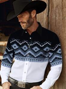 Camisa masculina vintage estilo faroeste com mangas compridas em cores contrastantes, gola preta e estampa geométrica azul e branca em patchwork. Ideal para uso casual diário, estilo cowboy para atividades ao ar livre, com um toque retrô e único para a primavera. - Multicolorido - Ver 7