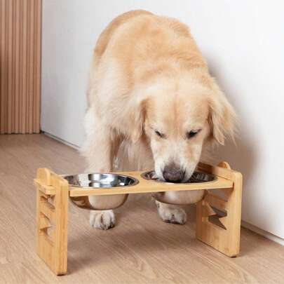 1pc Adjustable Bamboo Dog/Cat Feeding Bowl Stand, Easy To Store