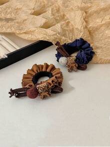 2个/1个波西米亚豹纹小熊毛绒发圈，优雅高马尾发绳，发饰，发圈，橡皮筋，发绳