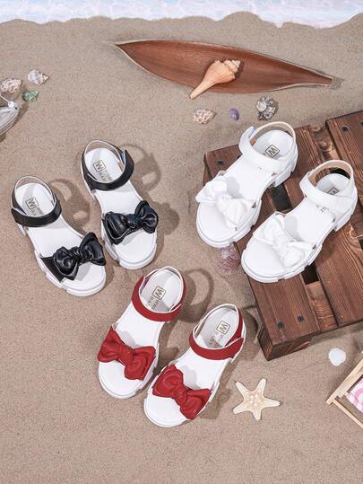 1 Pair Girls' Fashion Thick-Soled Sandals, Bowknot & Hook And Loop Design, & Versatile Beach Slippers, Suitable For Children Outdoor, Party, Vacation