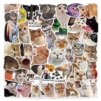 50pcs Cat Meme Collection Doodle Stickers, Cute & Funny Cat Decals For Motorcycle, Luggage, Decoration