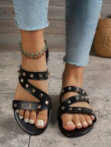 1 đôi sandal thời trang nữ, kiểu dáng chữ Z với đinh tán rỗng trang trí, thoải mái, thoáng khí, mũi tròn, thích hợp cho đi biển, nghỉ lễ, dự tiệc và mặc hàng ngày. - màu đen - Xem 3