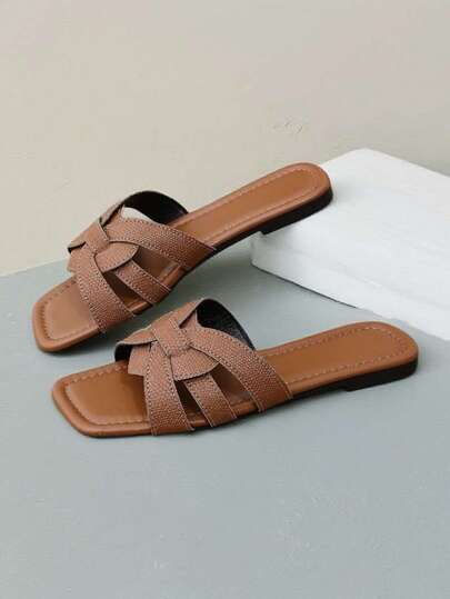 Summer New Fashion Flat Slip-On Strap Solid Color Women's Sandals, Thin Strap Criss-Cross Bohemian Style, Suitable For Outdoor, Casual, Vacation, Beach, And Indoor Wear, Brown Flat Open Toe Lightweight And Breathable Women's Slide Sandals