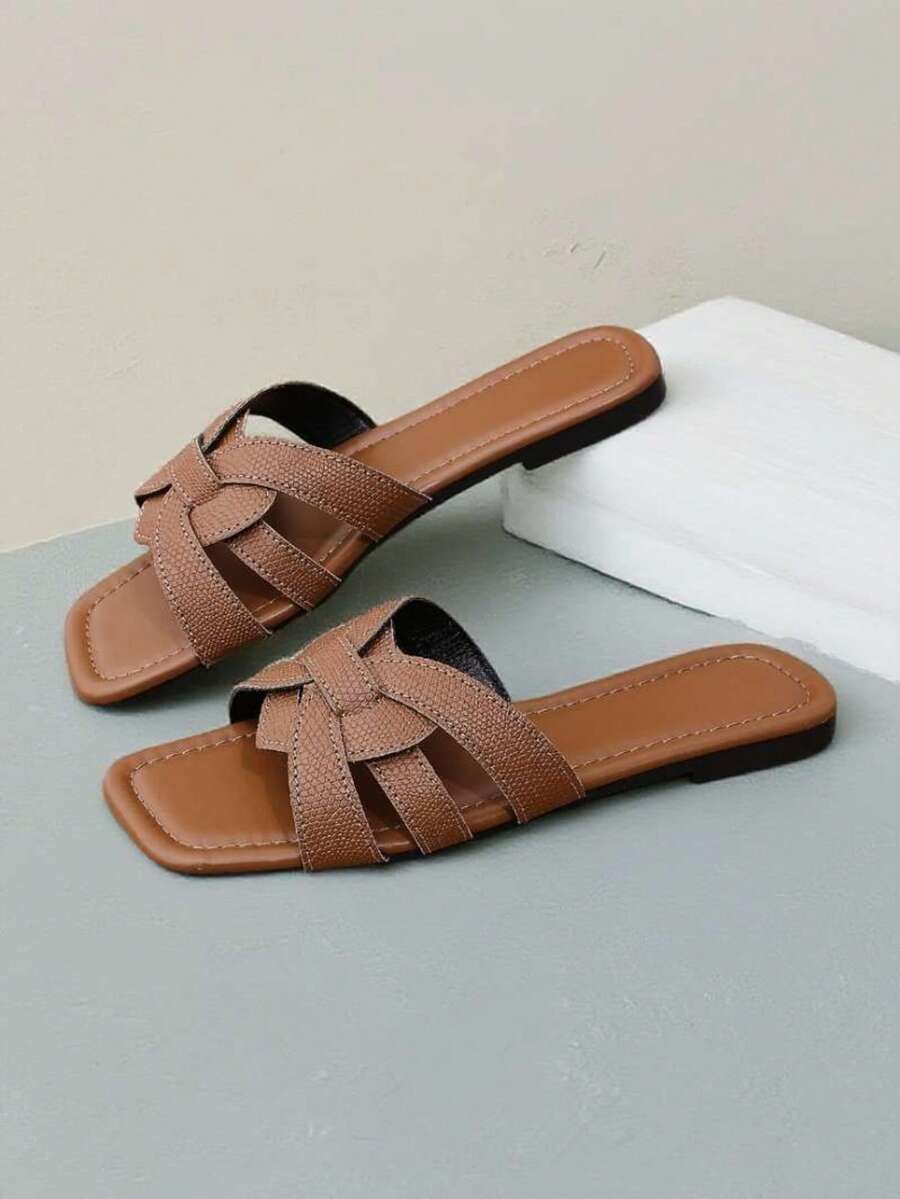 夏季新款时尚平底拖鞋，纯色设计，细带交叉波西米亚风，适合户外、休闲、度假、海滩和室内穿着，棕色平底露趾轻便透气女式拖鞋 - 巧克力棕 - 查看 1