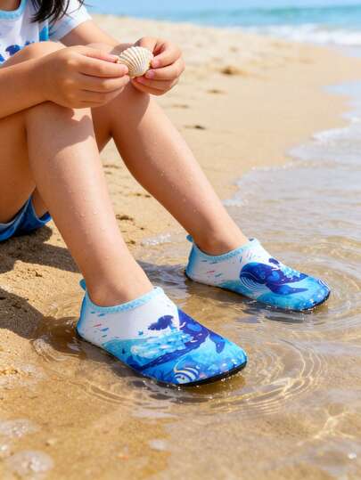 Zapatos de agua para niños y niñas, estampado de niña y ballena en azul y blanco, secado rápido, antideslizante, calcetines acuáticos para playa, piscina y actividades acuáticas