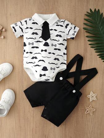 Baby Gentleman Outfit Mustache Print Short Sleeve Shirt With Tie, Formal Suit Set For Infant Boys, Newborn/1st Birthday Gift
