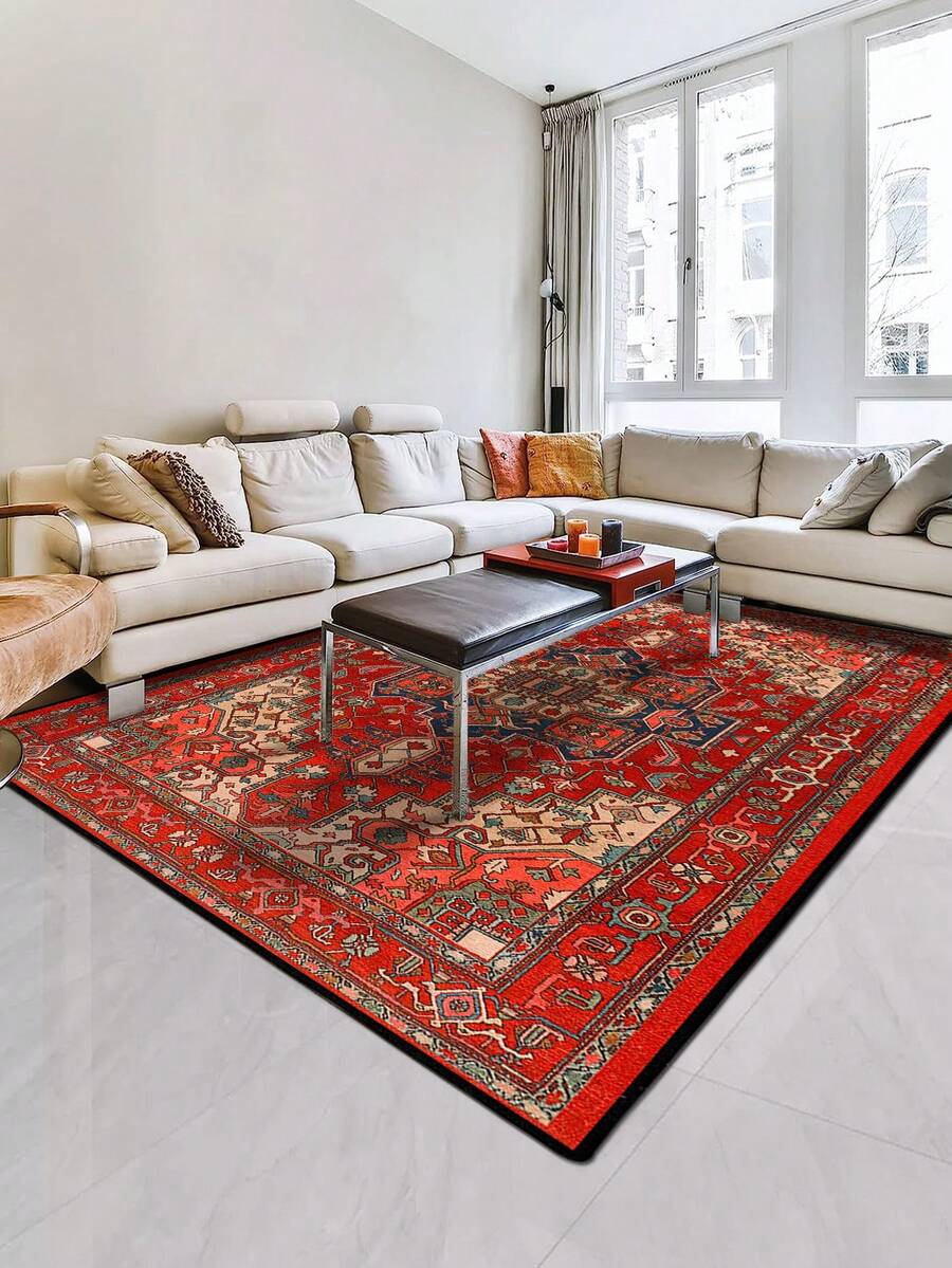 1pc Vintage Style Rug, Distressed Red Bohemian Traditional Polyester Rectangular Easy Care Washable Area Carpet, Suitable For Living Room, Hallway, Bedside, Sitting Room, Bedroom, Office, Kitchen, Farmhouse Home Decor