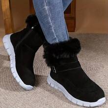 Women's Snow Boots With Buckle Decoration, Faux Suede And Teddy Fleece Lining, Simple Outdoor Sports Warm Snow Boots, Thick-Soled Short Snow Boots, Women's Flat Short Winter Fleece-Lined Warm Boots - 黑色 - 查看 4