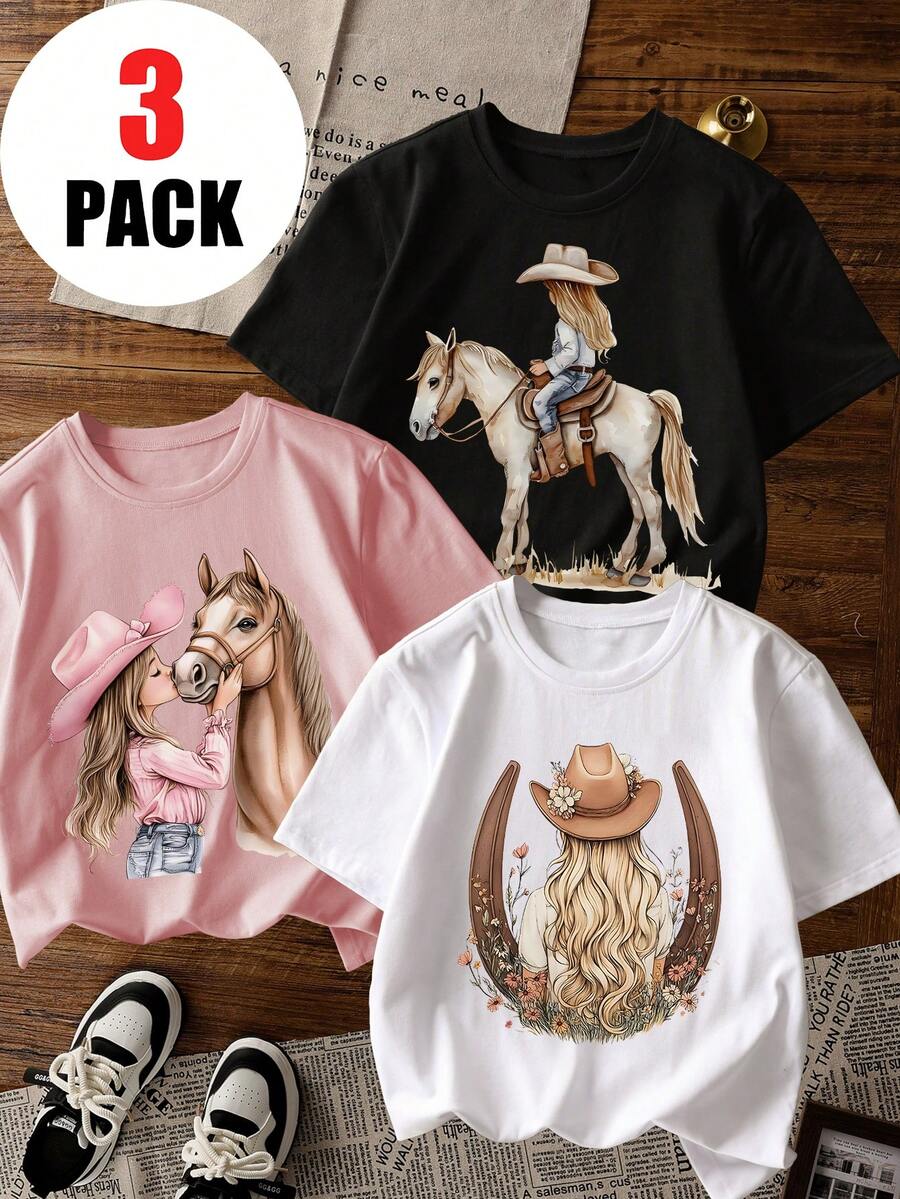 3 Stücke Mädchen Lässig bedrucktes Rundhals Kurzarm T-Shirt, Sommer Studenten Kinderkleidung - Niedliches Pferde-Muster T-Shirt bringt Freude und Glück für jedes Kind! - Pink - Übersicht 1