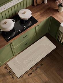 1pc Silica Gel Kitchen Mat With Abstract Geometric Pattern In White Lines, Including Arcs And Circles, Presenting A Minimalist Japanese Wabi-Sabi Style, Luxury Fashion Kitchen Mat With Cushion And Anti-Fatigue, Surface Fabric Material, Middle Sponge Absorbent Material, Bottom Rubber Material Non-Slip And Easy To Clean Kitchen Rug