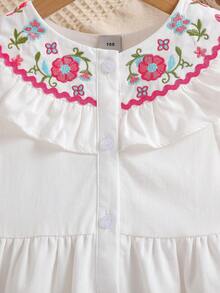 Young Girl Embroidered Ruffle Trim Button Design Dress - White - View 5